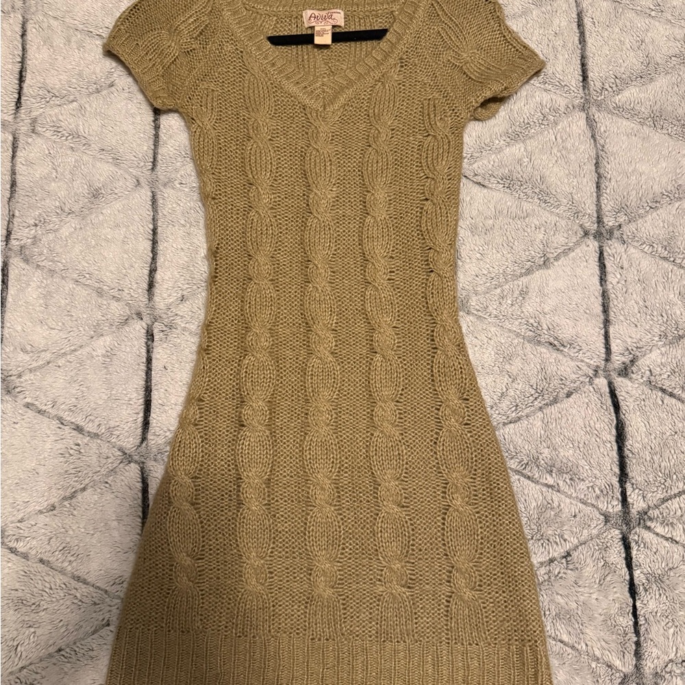 Elegant Beige Cable Knit Mini Dress, Vintage